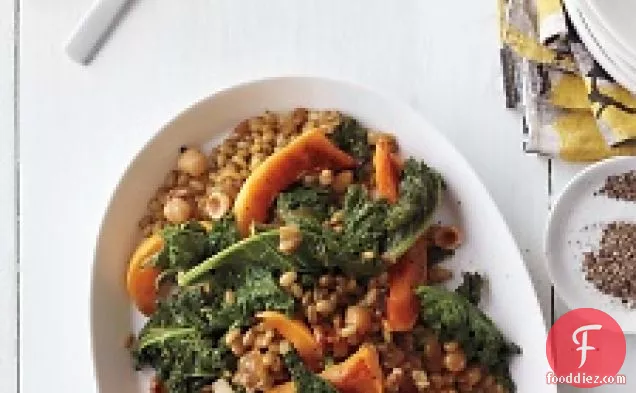 Freekeh With Roasted Butternut Squash, Seared Kale, And Caramel
