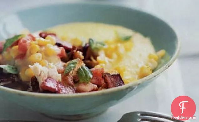 Creamed Chicken with Corn and Bacon Over Polenta