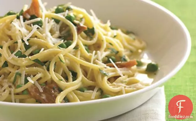 Spaghetti Carbonara with Pork Belly and Fresh Peas