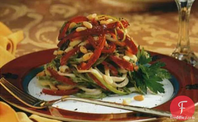Linguine with Red Peppers, Green Onions and Pine Nuts