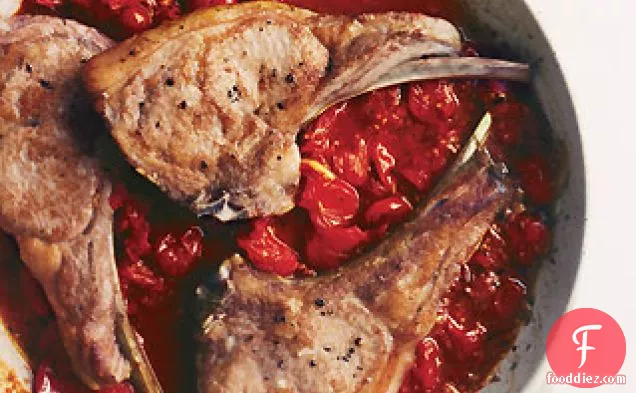 Veal Chops with Saffron Orzo and Tomato Sauce