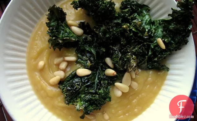 Acorn Squash Soup With Roasted Kale Chips And Pine Nuts