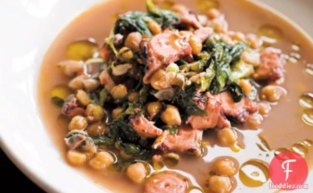 Octopus and Ceci Bean Zuppa with Escarole, Garlic, and Chiles