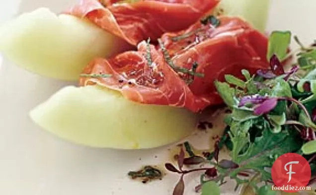 Honeydew and Prosciutto with Greens and Mint Vinaigrette
