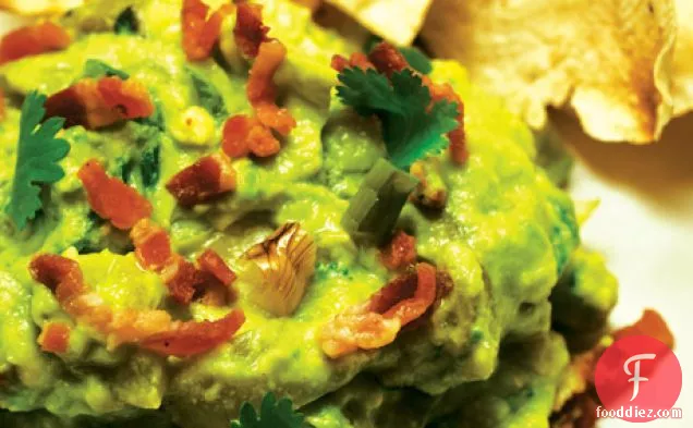 Guacamole with Bacon, Grilled Ramps (or Green Onions) and Roasted Tomatillos