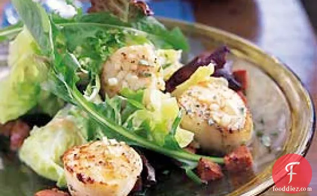 Sauteed Scallops with Andouille and Baby Greens