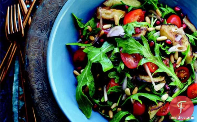 Arugula Salad with Roasted Eggplant and Sweet Pomegranate Dressing