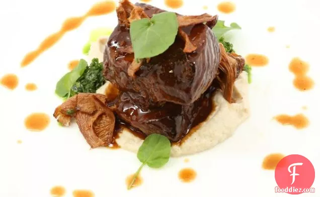 Tamarind-Braised Short Ribs with Truffle Sunchoke Purée, Watercress Purée, and Glazed Chanterelle Mushrooms