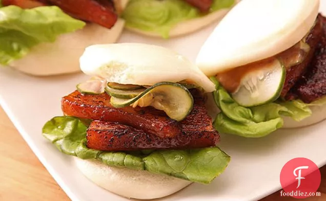 Sous-Vide Pork Belly Buns With Pork Braise Mayonnaise and Quick-Pickled Cucumbers