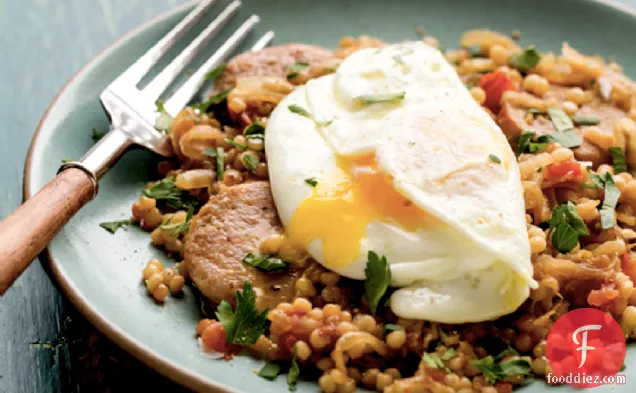 Israeli Couscous With Chicken Sausage And Over-Easy Eggs