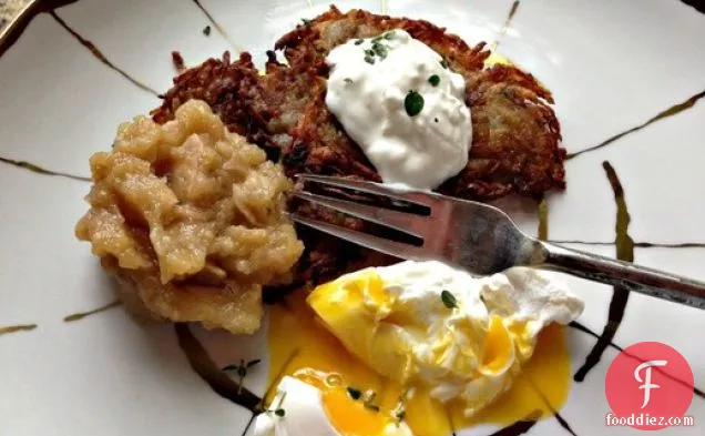 Potato Pancakes With Oven-Roasted Thyme Applesauce, Sour Cream, and Poached Eggs