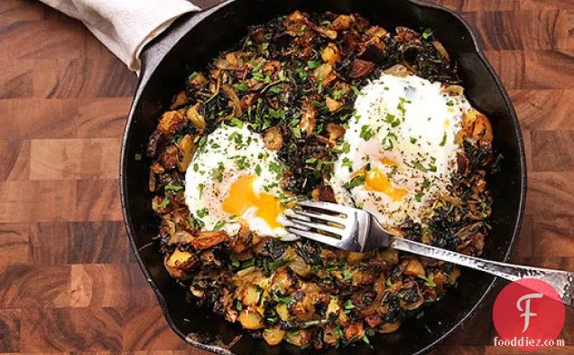 Crispy Kale, Brussels Sprouts, and Potato Hash