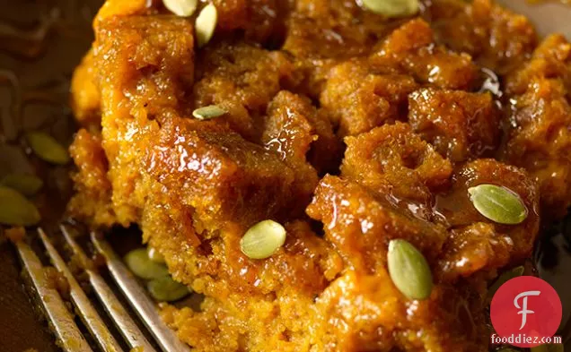 Pumpkin Bread Pudding with Spicy Caramel Apple Sauce