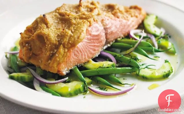 Hummus-Crusted Alaskan Wild King Salmon Over a Bed of French Beans, Red Onion, and Cucumber Salad with Lemon Oil