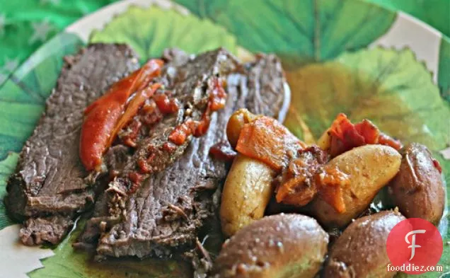 Tangy Slow Cooker Brisket With Potatoes and Sweet Peppers