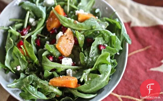 Persimmon and Arugula Salad with Pomegranate Seeds, Mint, and Feta