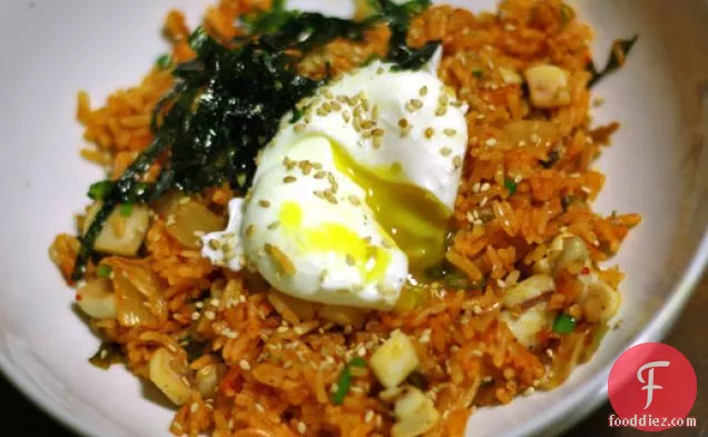 Kimchi Fried Rice with Sautéed Squid and a Poached Egg