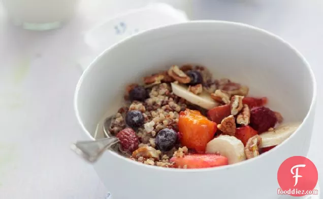 Almond Milk Quinoa Breakfast with Fresh Fruit, Cinnamon, Pecans and Maple Syrup