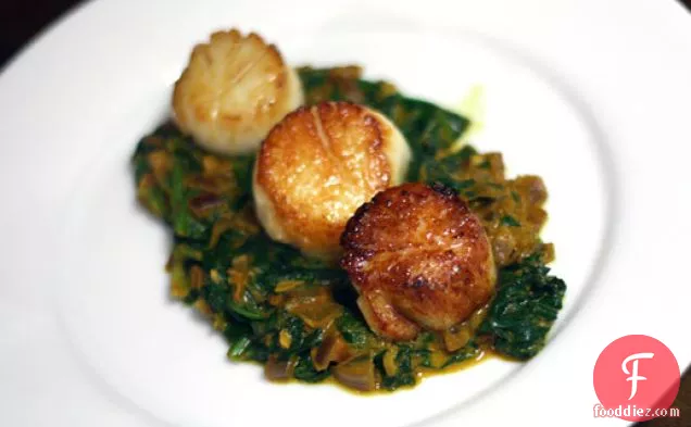 Seared Scallops With Indian Spinach