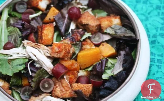 Roast Chicken and Butternut Squash Salad With Croutons, Arugula, and Grapes