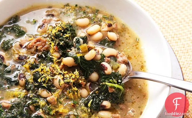 Easy Sausage, Kale, and Black Eyed Pea Soup With Lemon and Rosemary