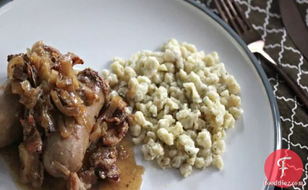 Pan-Fried Brats With Parsley Spaetzle and Mustard, Bacon, and Apple Sauce
