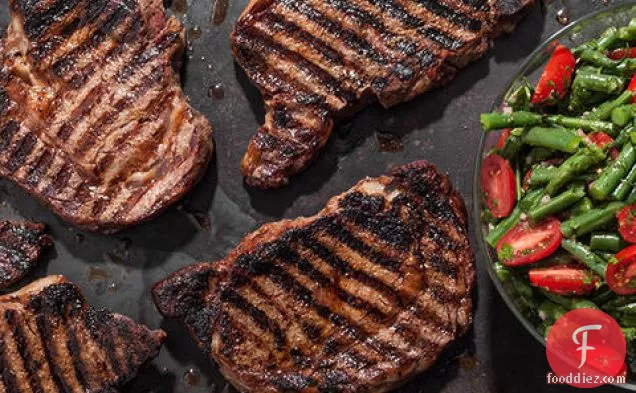 Spice-Rubbed Grilled Rib Steaks with Green Bean and Cherry Tomato Salad