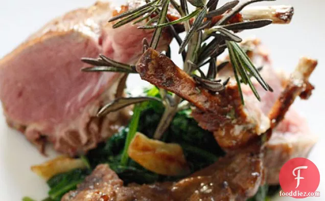 Rack Of Lamb With Dijon Glaze Over Wilted Baby Spinach