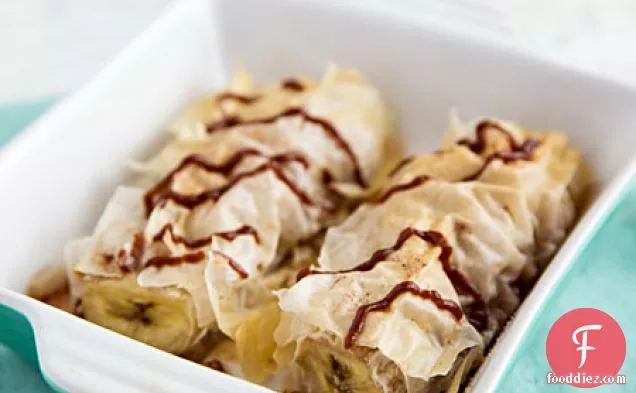 Bananas Baked in Phyllo with Date-Sweetened Chocolate Sauce