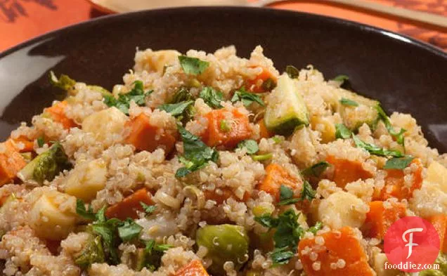 Warm Quinoa Salad with Roasted Autumn Vegetables and Ginger-Scallion Dressing