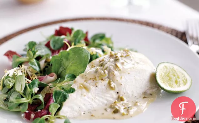 Roasted Halibut with Green Olive Sauce
