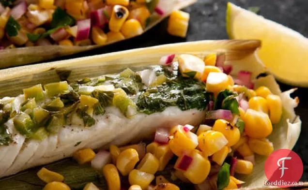 Corn-Husk-Wrapped Grilled Halibut with Charred Corn Salsa