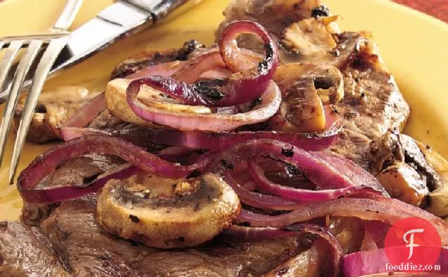 Grilled Strip Steaks with Balsamic Onions