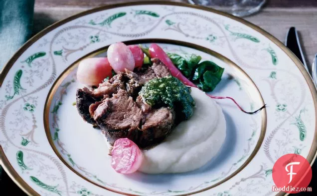 Slow-Roasted Lamb Shoulder with Almond-Mint Pesto