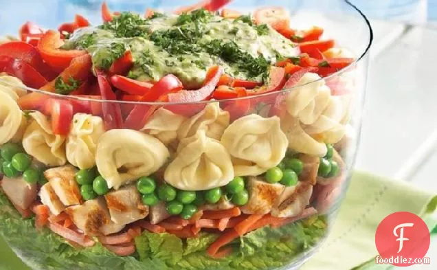 Layered Tortellini Pesto Chicken Salad