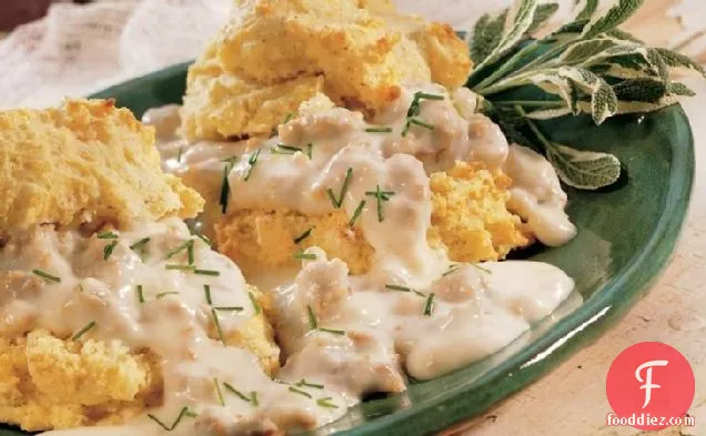 Cornmeal-Sage Biscuits with Sausage Gravy