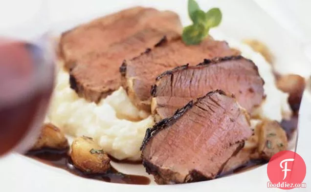 Grilled Lamb Loin with Cabernet-Mint Sauce and Garlic Mashed Potatoes