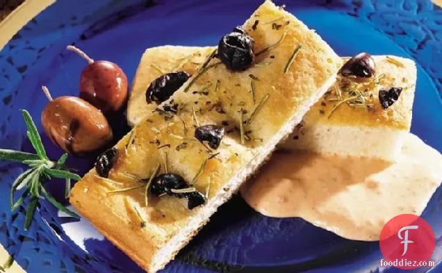 Olive Focaccia with Roasted Bell Pepper Dip