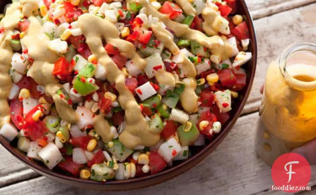 Tomato, Tomatillo, and Corn Salad with Avocado Dressing