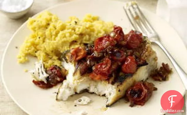 Halibut With Barbecue Tomato Sauce And Honey-mustard Polenta