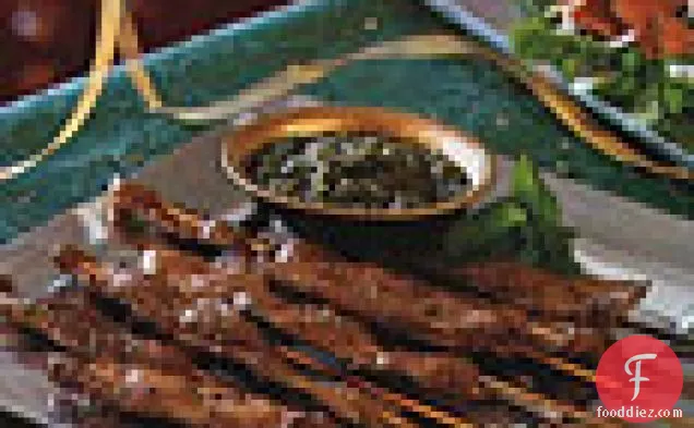 Skewered Lamb with Almond-Mint Pesto