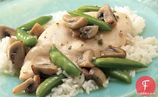 Chicken, Mushrooms and Sugar Snap Peas Over Rice