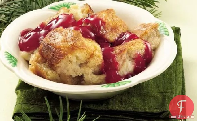 White Chocolate Bread Pudding with Red Berry Sauce
