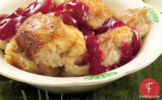 White Chocolate Bread Pudding with Red Berry Sauce