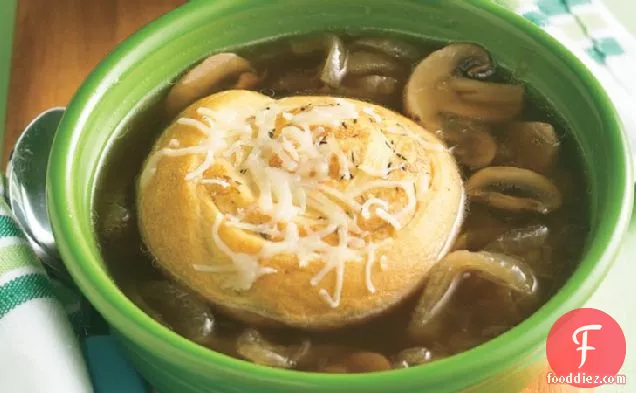 Cheesy Crescent-Topped Onion-Mushroom Soup