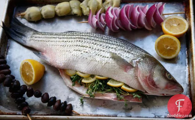 Whole Grilled Bass with Olives, Onion, and Artichoke