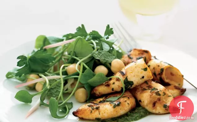 Grilled Squid with Miner's Lettuce Salad and Green Sauce