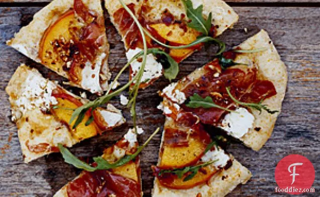 Grilled Cornmeal Flatbreads With Peaches, Serrano Ham, And Spic
