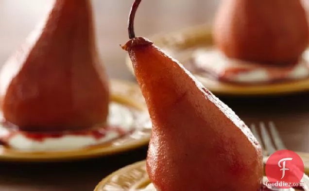 Pomegranate Poached Pears with Yogurt Sauce