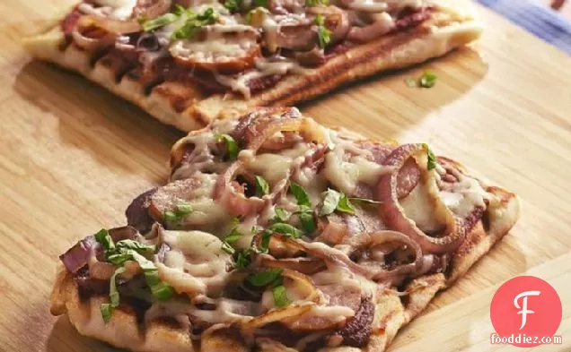 Grilled Kielbasa, Caramelized Onion and Basil Pizzas